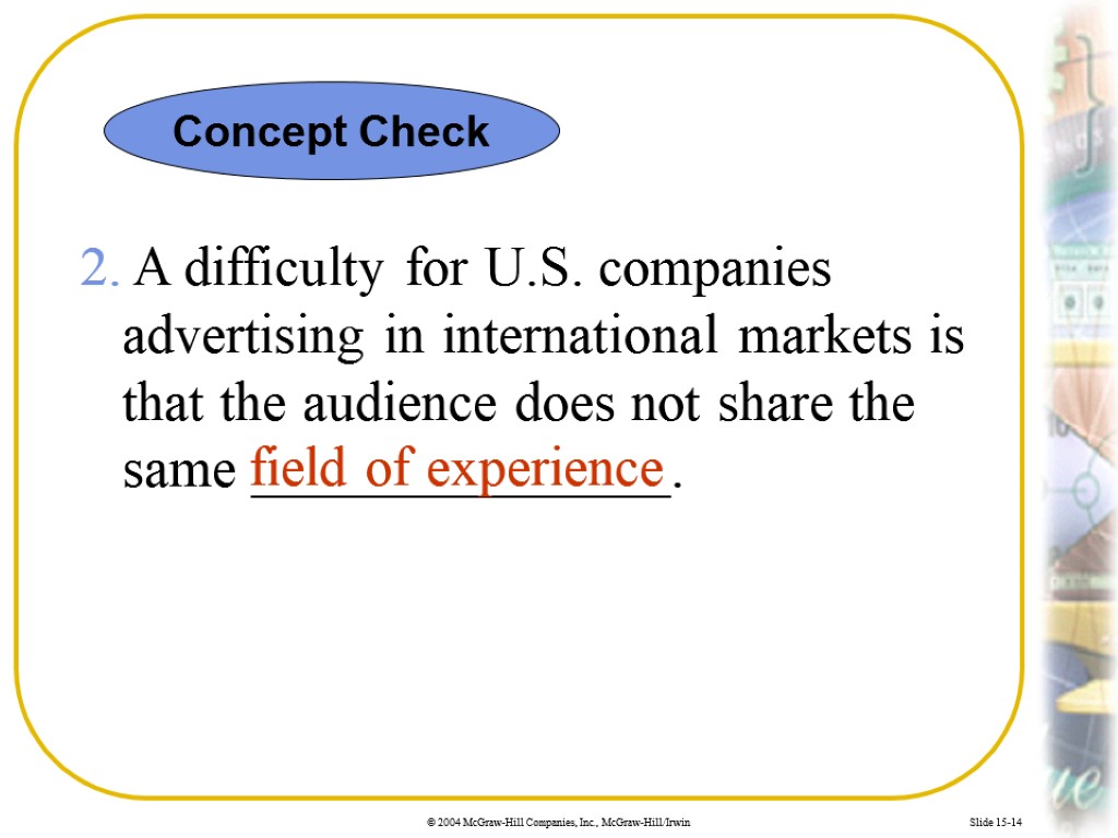 Slide 15-14 2. A difficulty for U.S. companies advertising in international markets is that